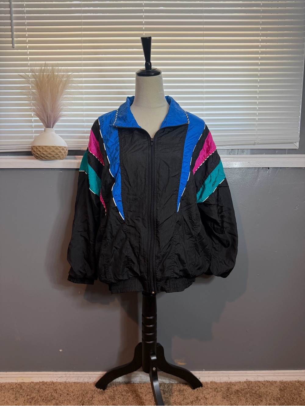 Black Bomber Jacket with Blue, Teal & Pink Panels - Picture 3 of 8